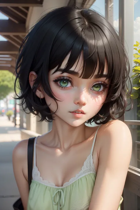 1shy girl,Short black hair with bangs, light skin, green eyes,anime style.