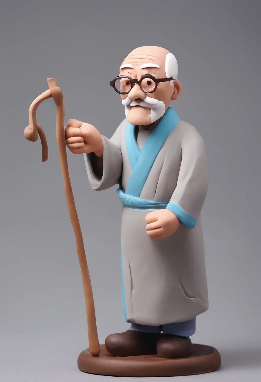 A cartoon grandfather with round-rimmed glasses, a white beard, bald head, a crutch in one hand, a picture scroll in the other, wearing a gray Chinese robe, and his face is wrinkled