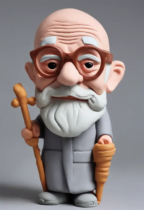 A cartoon grandfather with round-rimmed glasses, a white beard, bald head, a crutch in one hand, a picture scroll in the other, wearing a gray Chinese robe, and his face is wrinkled