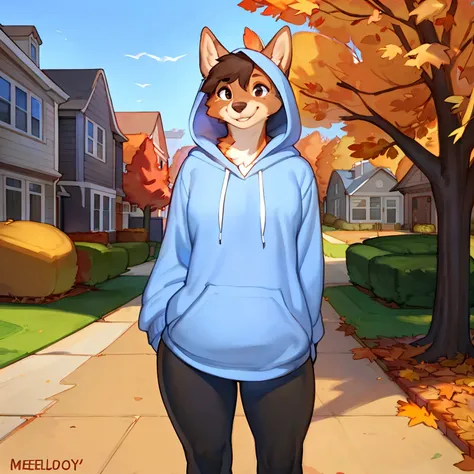 By chelodoy, by zaush, by bebebebebe, by spuydjeks, by meesh, by bigcozyorca, solo, female, muscular, canine, hair, snout, wide hips, standing, smiling, baggy hoody, leggings, outside, neighborhood, fall, autumn.