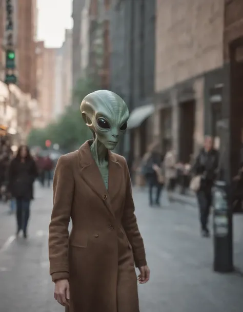 Street photography capturing an unexpected encounter with an alien visitor in a bustling urban setting. The alien, disguised as a human, walks along a busy sidewalk, its alien features subtly hinted at through unique clothing and accessories. The photograp...