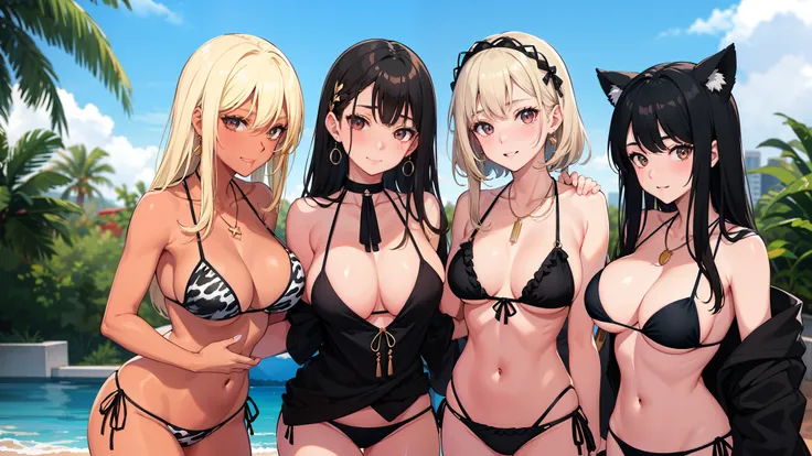 3girls, animal print, bikini, black bikini, black hair, blonde hair, blue sky, blush, bracelet, breast press, breasts, brown eyes, brown hair, building, cleavage, cloud, cloudy sky, collarbone, dark-skinned female, dark skin, day, earrings, embarrassed, fr...