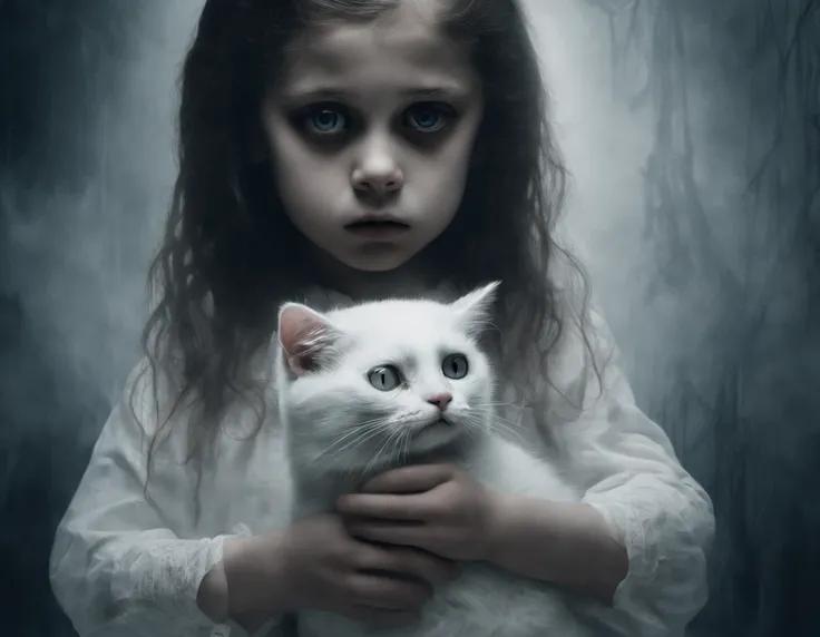 high qulity，High picture quality，Cute little girl holding a white cat