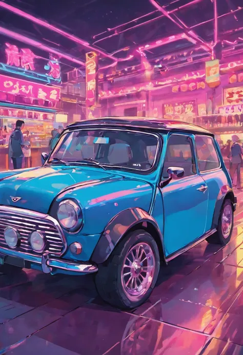 The same Mini Cooper as the real thing before sunset, Vaporwave Style, Neon style, smooth lines, Vector gluing art, Vector Kernel, intricate detailes, Black T-shirt Design, 8K