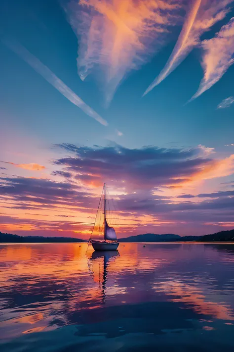 Imagine a serene sunset over a tranquil lake, with a lone sailboat peacefully gliding on the water. The sky is painted with hues of orange, pink, and purple, creating a breathtaking atmosphere. Capture the beauty and serenity of this scene