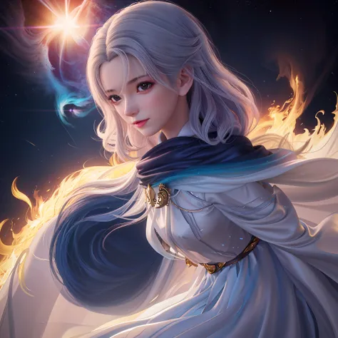 um close up de uma mulher com uma capa em um fundo de fogo, divindade de cabelos brancos, anime fantasy illustration, Mago Celestial Lindo, Anime Girl with Cosmic Hair, portrait knights of zodiac girl, Artgerm. anime illustration, menina com cabelo branco,...