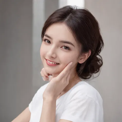 (photo: 1.3) af (realism: 1.3), (((white t-shirt))), super high resolution, (realism: 1.4), 1 girl, female avatar, soft light, black hair, smile, Facial focus, (( (white T-shirt))), cheerful, smiling, (short hair lady),, young, confident,, ((solid color ba...