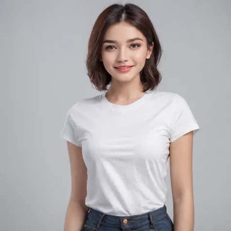 (photo: 1.3) af (realism: 1.3), (((white t-shirt))), super high resolution, (realism: 1.4), 1 girl, female avatar, soft light, black hair, smile, Facial focus, (( (white T-shirt))), cheerful, smiling, (short hair lady),, young, confident,, ((solid color ba...