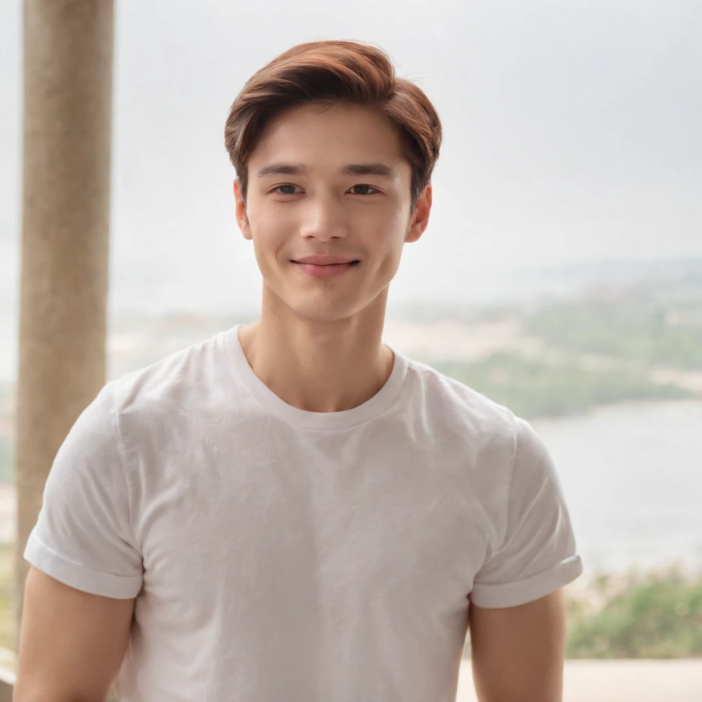 (photo: 1.3) af (realism: 1.3), male headshot, soft light, face focus, ((((white t-shirt))) happy, cheerful, smiling, warm light, ((blank background)) , profile picture, (long hair or short hair), smiling, handsome, young, , short hair, smiling