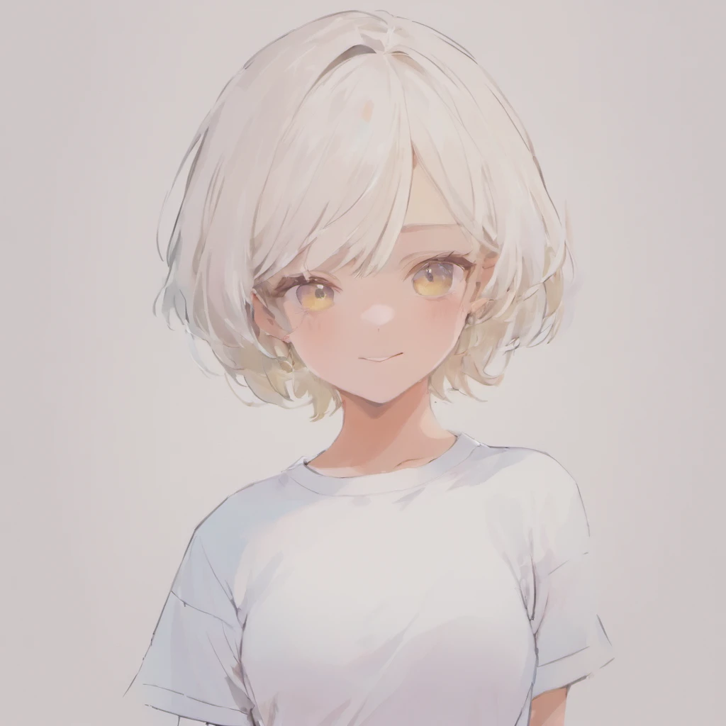 (photo: 1.3) af (realism: 1.3), (((white t-shirt))), super high resolution, (realism: 1.4), 1 girl, female avatar, soft light, black hair, smile, Facial focus, (( (white T-shirt))), cheerful, smiling, (short hair lady),, young, confident,, ((solid color ba...