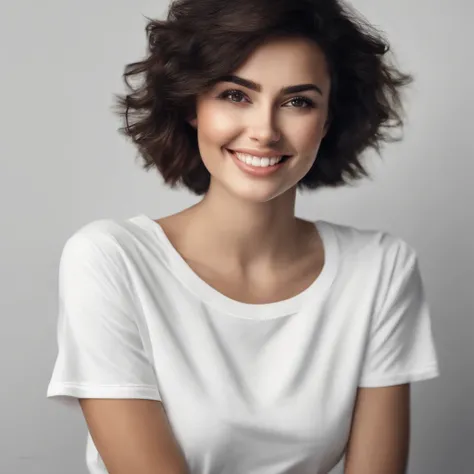 (photo: 1.3) af (realism: 1.3), (((white t-shirt))), super high resolution, (realism: 1.4), 1 girl, female avatar, soft light, black hair, smile, Facial focus, (( (white T-shirt))), cheerful, smiling, (short hair lady),, young, confident,, ((solid color ba...