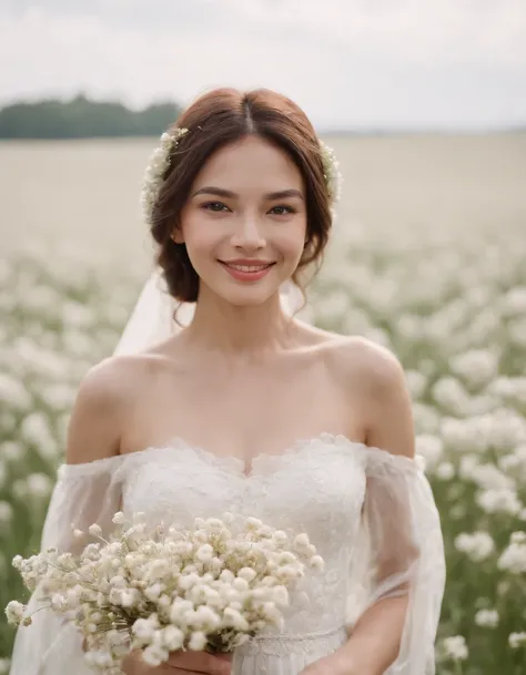 1girl in white wedding dress, Bare shoulders, blooming flower field, light smile, wollensak 127mm f/4.7 ektar