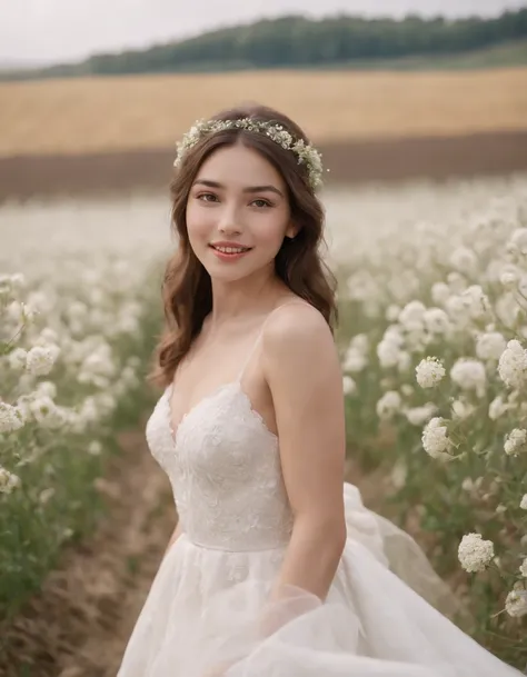 1girl in white wedding dress, Bare shoulders, blooming flower field, light smile, wollensak 127mm f/4.7 ektar