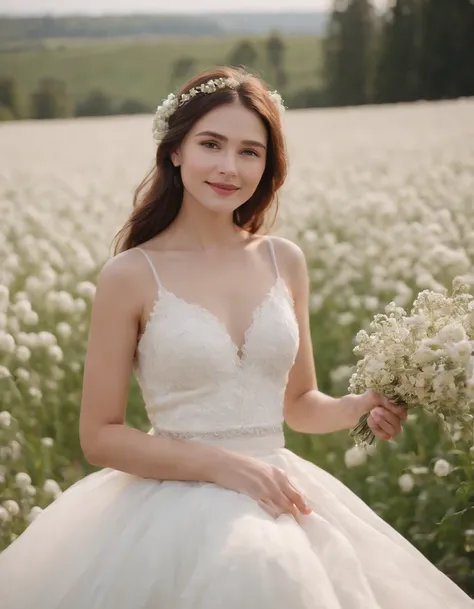 1girl in white wedding dress, Bare shoulders, blooming flower field, light smile, wollensak 127mm f/4.7 ektar