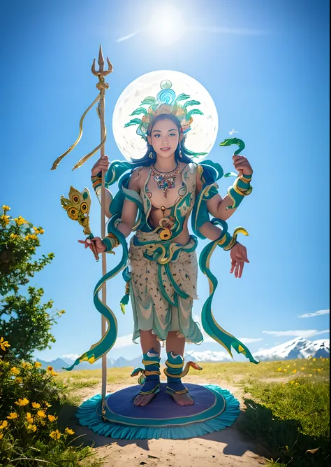 1girll，10 years old child，Stand in a valley full of flowers，（（（Green skin））），Gem Necklace，Exquisite headdress，Long hair hanging down the shoulders，There are six snakes on top of their heads，Snake in hand，The body is decorated with snakes，Four arms，A snake ...