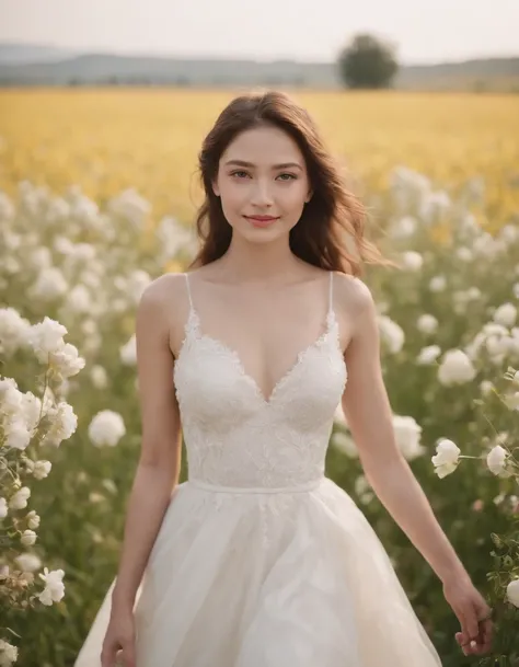 1girl in white wedding dress, Bare shoulders, blooming flower field, light smile, wollensak 127mm f/4.7 ektar