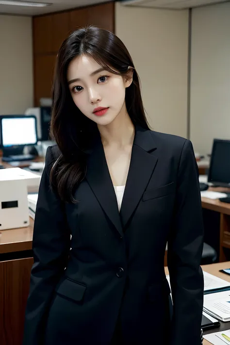 High-res, Realistic portrait of professional korean office lady with perfect skin，Professional suits，Womens suits，stand posture，The upper part of the body，Women in the workplace，Show confidence and maturity, Surrounded by a modern corporate environment, Vi...