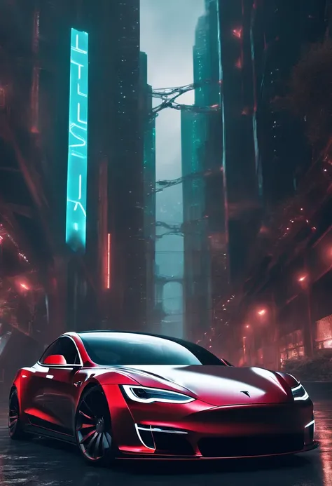 Cyberpunk-city, Tesla 3 body, Tesla logo, Tesla wheels,  Side, Ultra HD, High quality, High detail, Best quality, A high resolution, 4K, Masterpiece, Complementary colors, Poster effect, kanon, Atmospheric distance