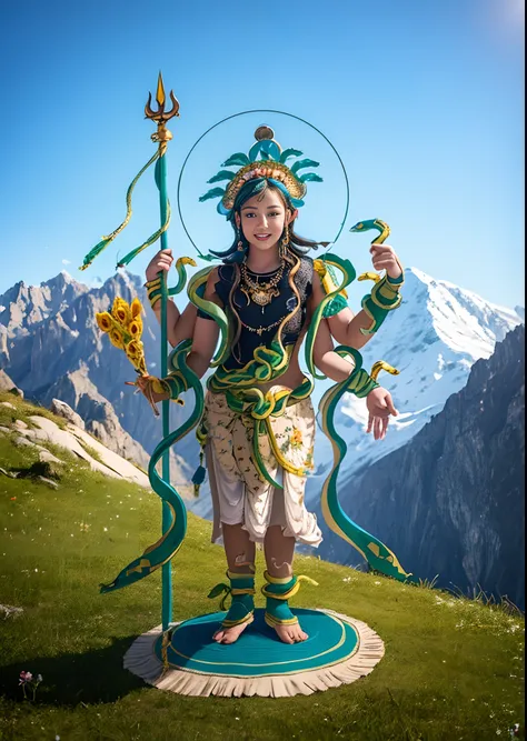 1girll，10 years old child，stand in a valley full of flowers，（（（green skin））），gem necklace，exquisite headdress，long hair hanging ...