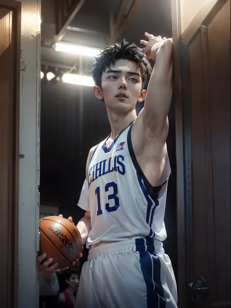 hight resolution、realisitic、realistic、A hyper-realistic、basketball uniform, 17-year-old Korean、Male Idol、male, Black hair permed hair、Light blue eyes、fair white skin、wet armpit、numerous piercings in the ears、Alone、Upper body photo、Sweating