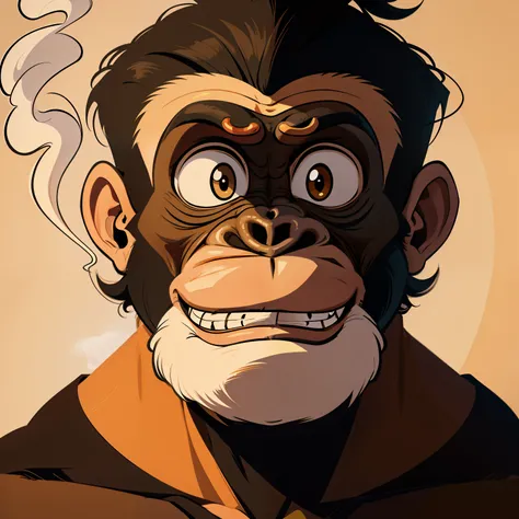 Cartoon monkey with a cigarette in his mouth, Boring ape NFTs, Monkey, Boring apes, "Cartoon animal portrait, subject= Chimpanzee,Clever Monkey, smokey, extremely detailed cartoon, Monkey-like face, In the style of Monkeybone, Chimpanzee, monkeys,