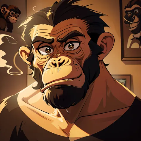 Cartoon monkey with a cigarette in his mouth, Boring ape NFTs, Monkey, Boring apes, "Cartoon animal portrait, subject= Chimpanzee,Clever Monkey, smokey, extremely detailed cartoon, Monkey-like face, In the style of Monkeybone, Chimpanzee, monkeys,