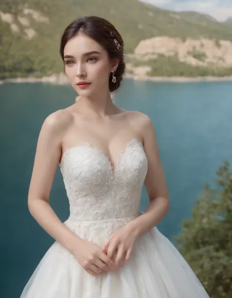 1 beautiful girl, (Realistic:1.3) (full bodyesbian:1.3), standing photo, Stand in front of the blue lake, White wedding dress, Soft dress, Masterpiece, diffused soft lighting, Portrait, Best quality, (Perfect face:1.4), Ultra-realistic Highly detailed, Com...