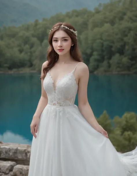 1 beautiful girl, (Realistic:1.3) (full bodyesbian:1.3), standing photo, Stand in front of the blue lake, White wedding dress, Soft dress, Masterpiece, diffused soft lighting, Portrait, Best quality, (Perfect face:1.4), Ultra-realistic Highly detailed, Com...