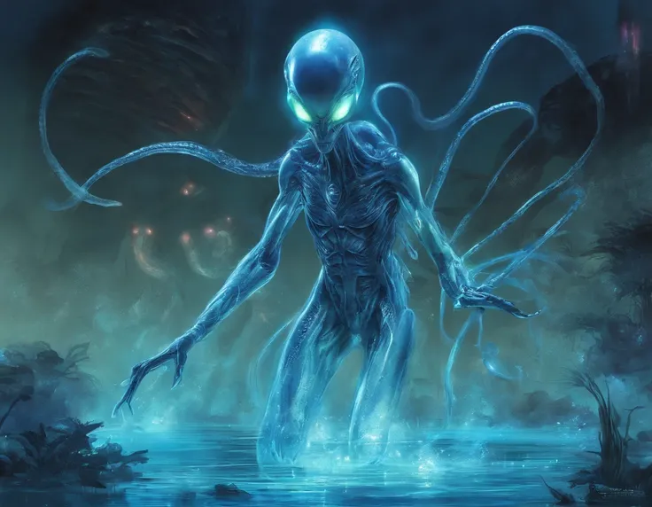 (Translucent Alien), walking, hands and feet, big eyes, water monsters, (humanoid), light, blue light, jellyfish, ocean, aquatic plants