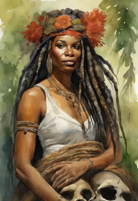 ((master part:1.4, best quality:1.2)), um sacerdote vodu, marsh, dreadlocks, skulls, Retrato da obra de arte, adam hughes.