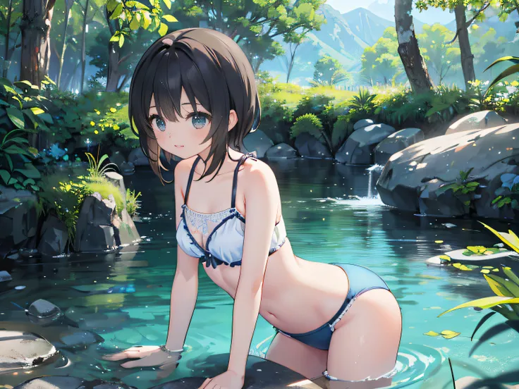 16k，tmasterpiece，high qulity，Summer, Clear stream, forest, River, Blue sky, teens girl，brunette color hair，adolable，ssmile，mediuml breasts，Stand in the water，Blue and white panties，Mountains in the distance, high definition detail, Ultra detail, film, hype...