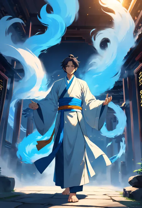 Complete storytelling, Full face, A Taoist priest who stands straight, Two fingers hold a piece of yellow paper，Draw Old Chinese words in the air, Form a spell, These words slowly dissipated in the air, A puff of white smoke is formed, Transformed into a t...