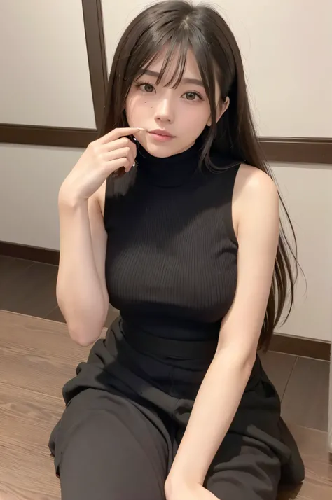 There is a woman sitting at a table trying to do her hair. He has a hair tie in his mouth. She is wearing a tight high neck sweater. Fluffy long hair, big breasts, cute and elegant pose, Japanese model