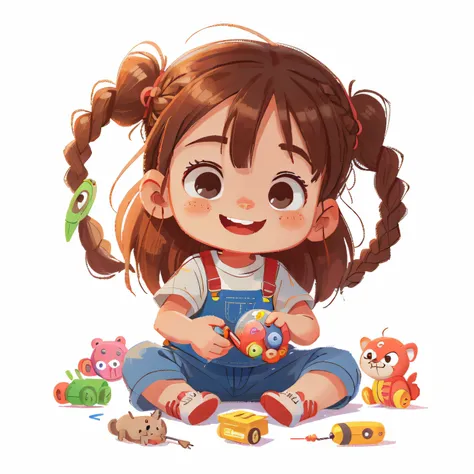 5 year old child playing with toys, toys arranged around, looking towards the viewer, smiling, little girl, braided hair on both sides, white background