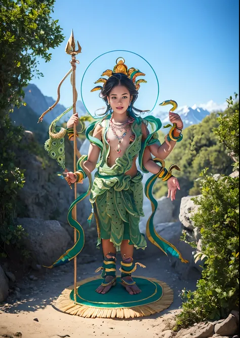 1girll，10 years old child，Stand in a valley full of mandala flowers，（（（Green skin））），Gem Necklace，Exquisite headdress，Long hair hanging down the shoulders，There are six snakes on top of their heads，Snake in hand，The body is decorated with snakes，Four arms，...