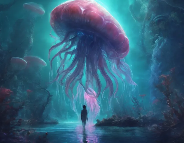 walk, Hands and feet, Big eyes, Monster, (((A translucent alien creature in a humanoid shape))), Light, Blue light, ((Translucent jellyfish)), Ocean, Plants in the water,Rich in color