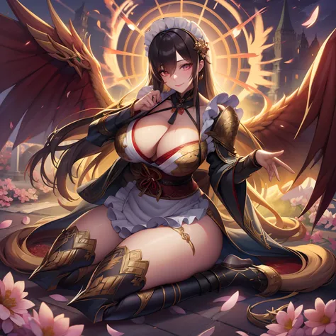 1girl in、nightcity、Sateen、Kimono without sleeves、A dark-haired、Holding a weapon with blood on it、Looking at the camera、Cherry blossoms are dancing，Unusually resistant、red blush、Looks distressed、Pleasant face、shrine maiden、valkyrie、Angel wings、a navel、sideb...