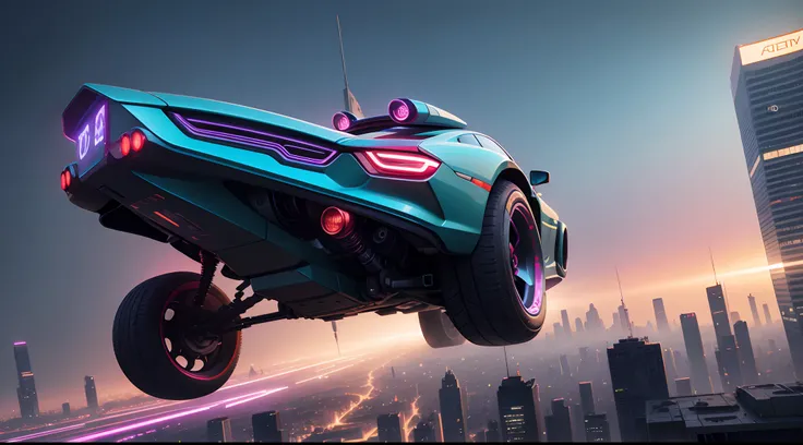 A cyberpunk car flying in the city of the future