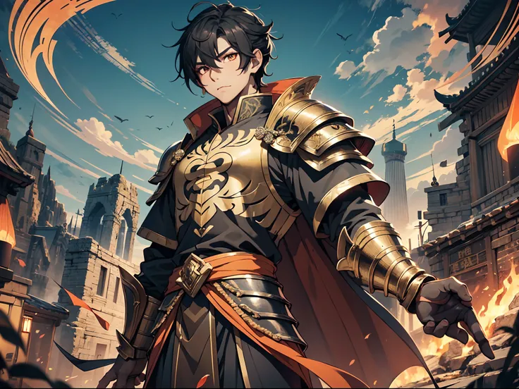 Ultra High Definition, Ultra High Quality, Extremely Detailed, Perfectly Detailed, Masterpiece, 8k, 1 Boy, Look A Like Xin From Kingdom Anime, Handsome, Armored With Chinese Emperor Armor, Black And Orange Pupil Eyes, Black Long Hair Tied, Full Body Shot, ...