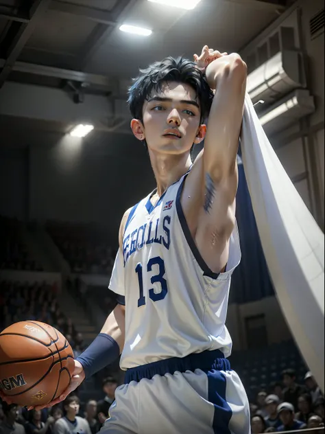 hight resolution、realisitic、realistic、A hyper-realistic、basketball uniform, 17-year-old Korean、Male Idol、male, Black hair permed hair、Light blue eyes、fair white skin、wet armpit、numerous piercings in the ears、Alone、Upper body photo、Sweating