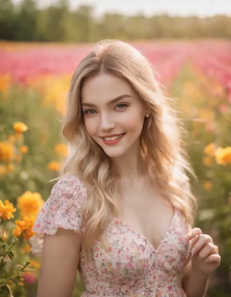 (masterpiece, Vivid portrait:1.3), (Seductive depiction of blonde woman in flower garden:1.2), (Canon EOS 5D Mark IV Camera, Famous for capturing vibrant colors and rich textures:1.2), (Paired with Canon EF 35mm F/1.4L II USM lens for versatile composition...