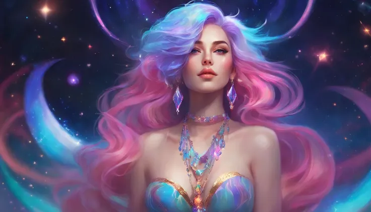 Full body close-up of a woman with colorful hair and necklace, anime girl with cosmic hair, rossdraws pastel vibrant, Guviz-style artwork, Fantasy art style, Colorful]”, vibrant fantasy style, rossdraws cartoon vibrant, cosmic and colorful, Guviz, colorful...