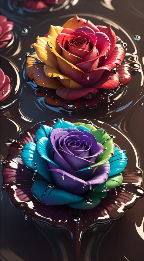 Macro 4K，Multicolored roses，water dripping