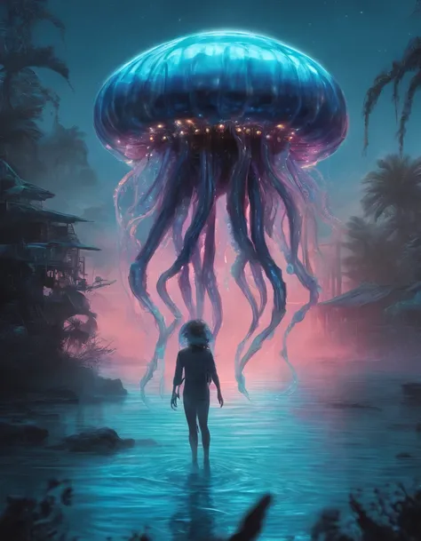 Walk, Hands and feet, Big eyes, Monster, (((Humanoid translucent alien creature))), Light, Blue light, ((Translucent jellyfish)), Ocean, Plants in the water,Rich in color