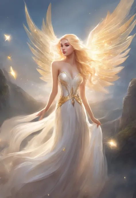 A beautiful girl with sparkling white wings like an angel and golden hair