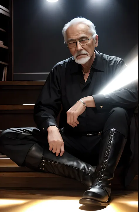 with a goatee，Old gentleman in black riding boots，Show off his boots，The light source is in the upper left corner。