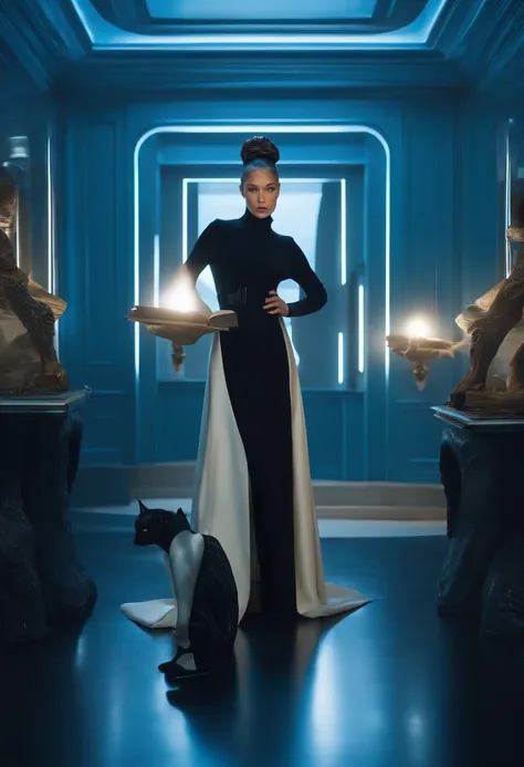 There is a woman standing in a blue room with a book, blue light, inspired by Ray Caesar, blueish lighting, blue lighting, Aura light blue, woman looks like Gigi Hadid and Bella Hadid, she is standing next to black panther, blue matrix light,, inspired by ...