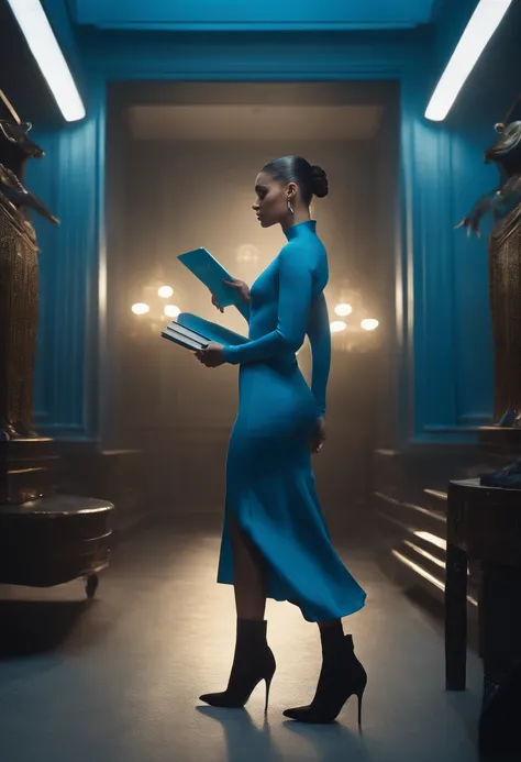 There is a woman standing in a blue room with a book, blue light, inspired by Ray Caesar, blueish lighting, blue lighting, Aura light blue, woman looks like Gigi Hadid and Bella Hadid, she is standing next to black panther, blue matrix light,, inspired by ...