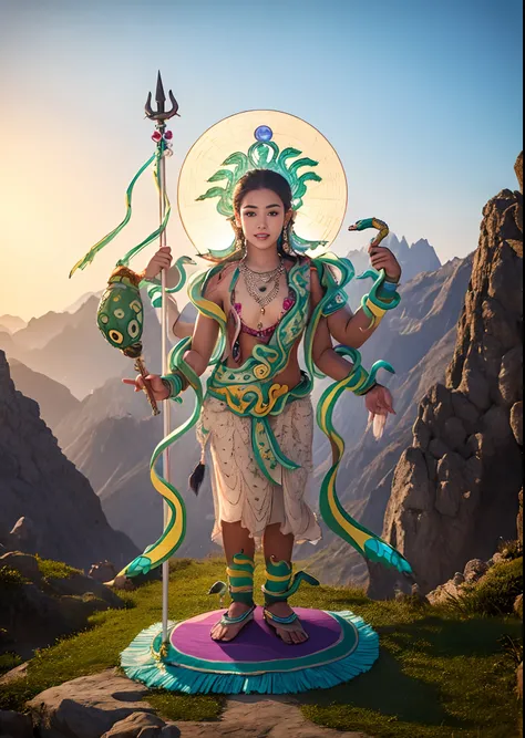 1girll，10 years old child，Stand in a valley full of mandala flowers，（（（Green skin））），Gem Necklace，Exquisite headdress，Long hair hanging down the shoulders，There are six snakes on top of their heads，Snake in hand，The body is decorated with snakes，Lightweigh...