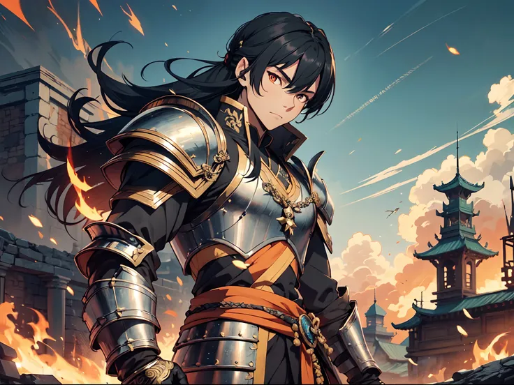 Ultra High Definition, Ultra High Quality, Extremely Detailed, Perfectly Detailed, Masterpiece, 8k, 1 Boy, Look A Like Xin From Kingdom Anime, Handsome, Armored With Chinese Emperor Armor, Black And Orange Pupil Eyes, Black Long Hair Tied, Full Body Shot, ...